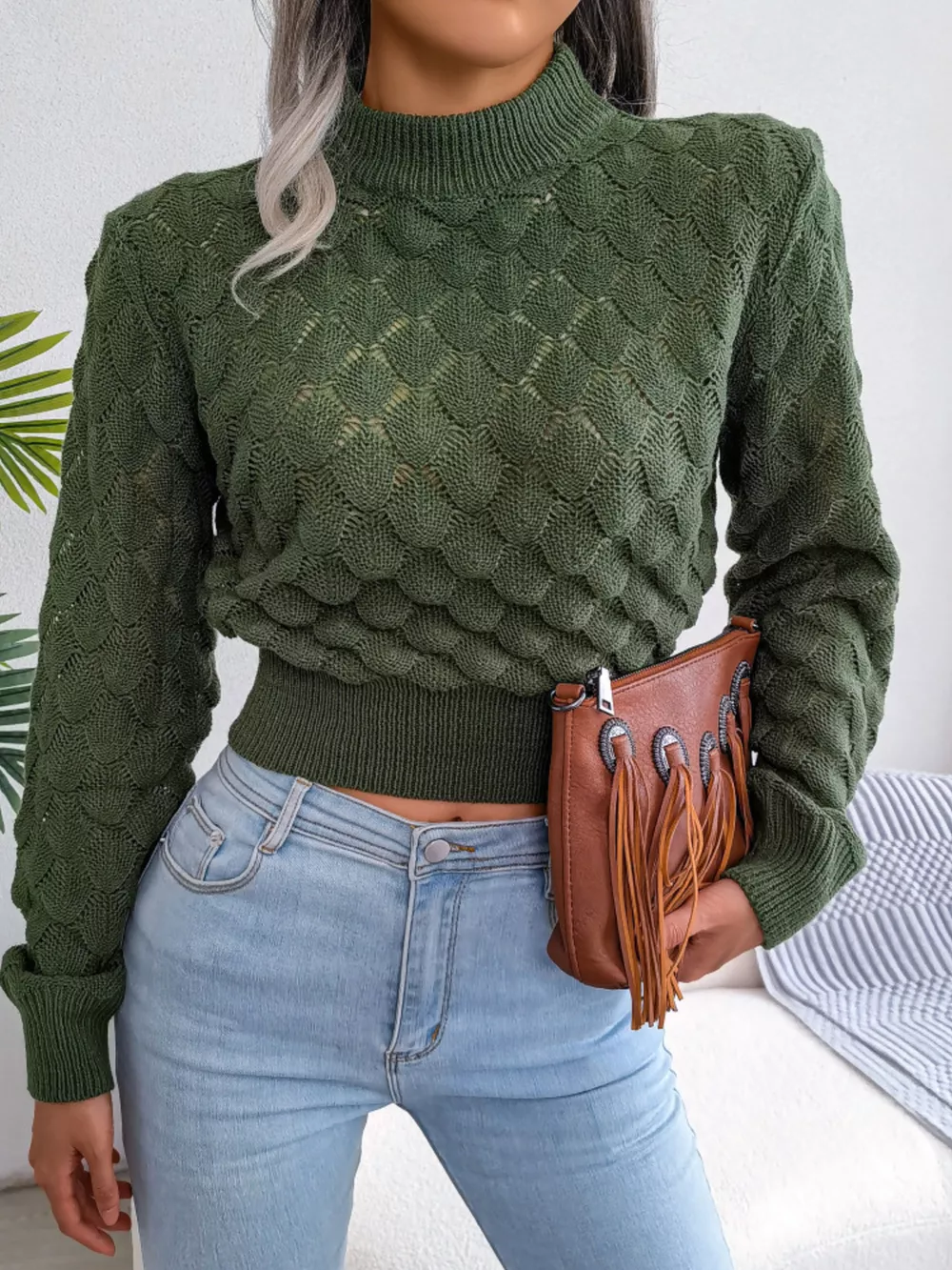 Mock Neck Textured Cropped Sweater, image 13