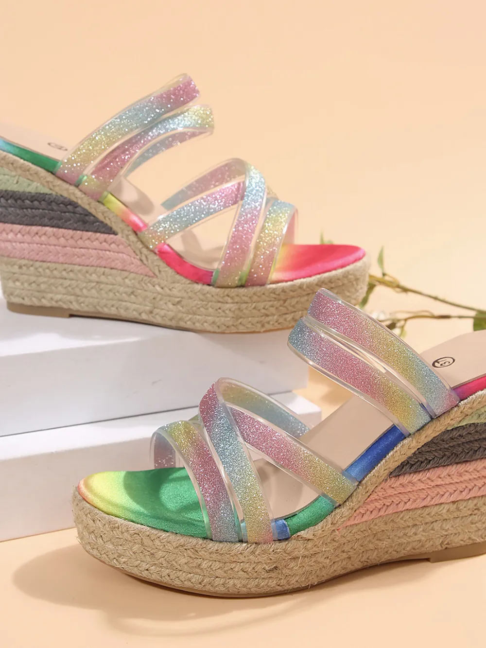 Rainbow Strappy Espadrille Wedge Sandals, image 4