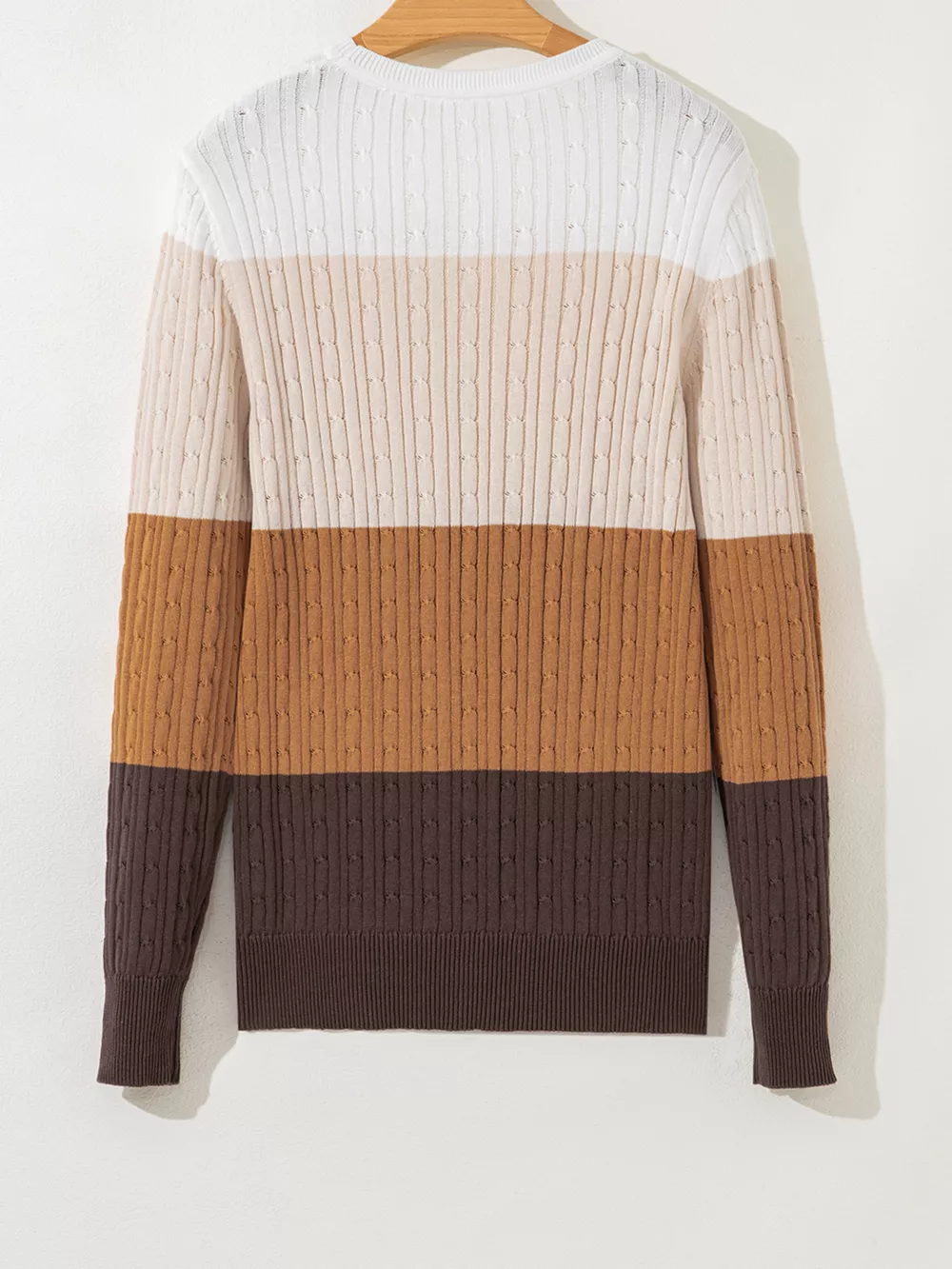 Colorblock Cable Knit Round Neck Sweater, image 9