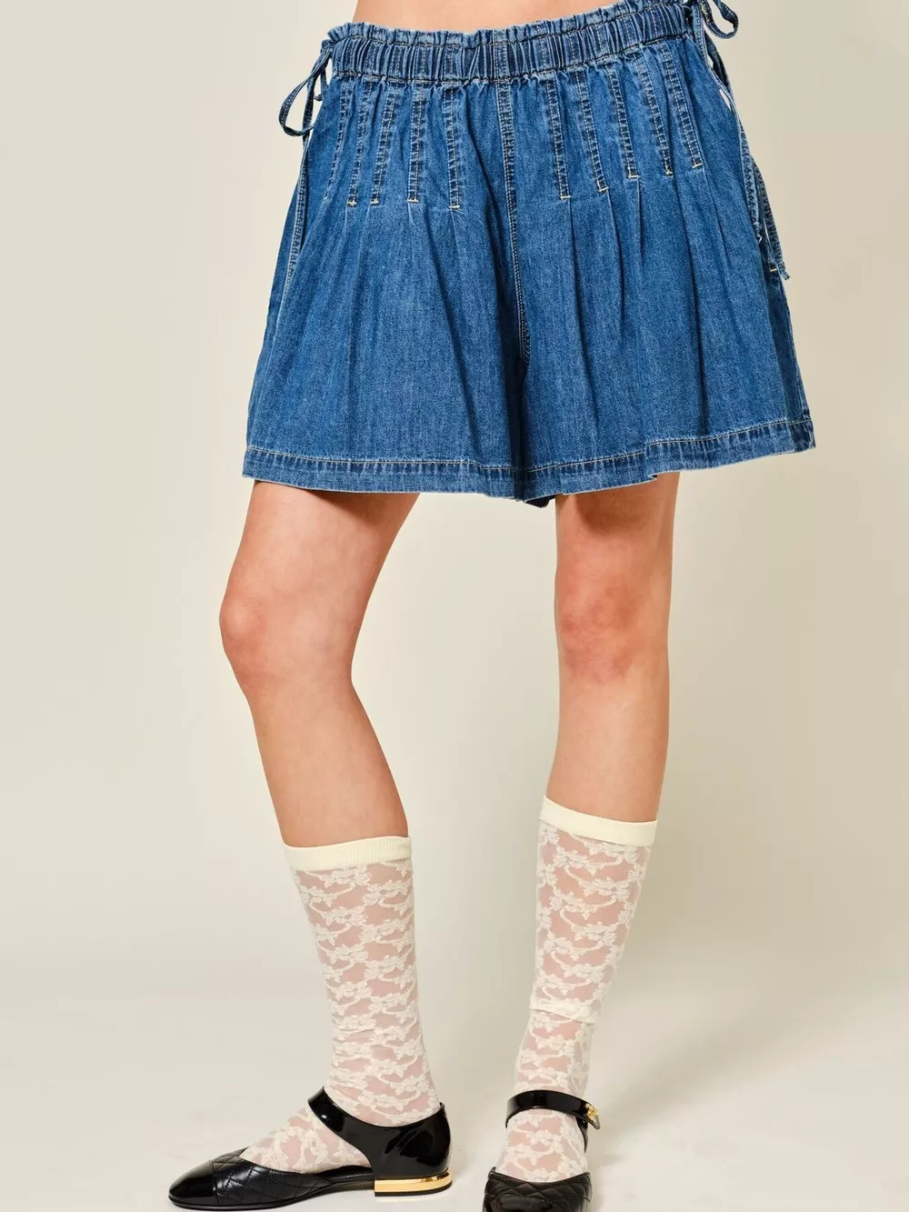 Pleated Elastic Waist Denim Shorts, image 9