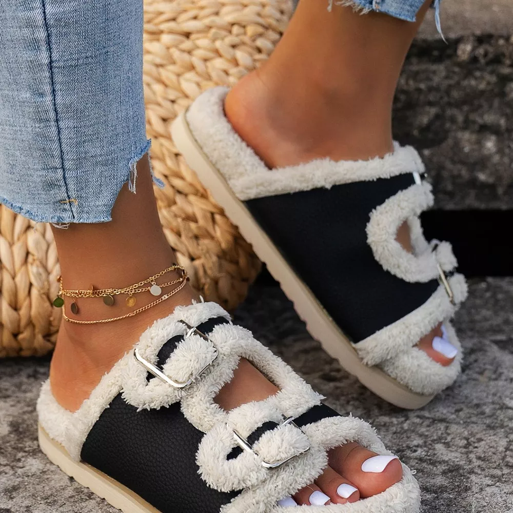 Buckle Decor Plush Lined Platform Slippers, image 7