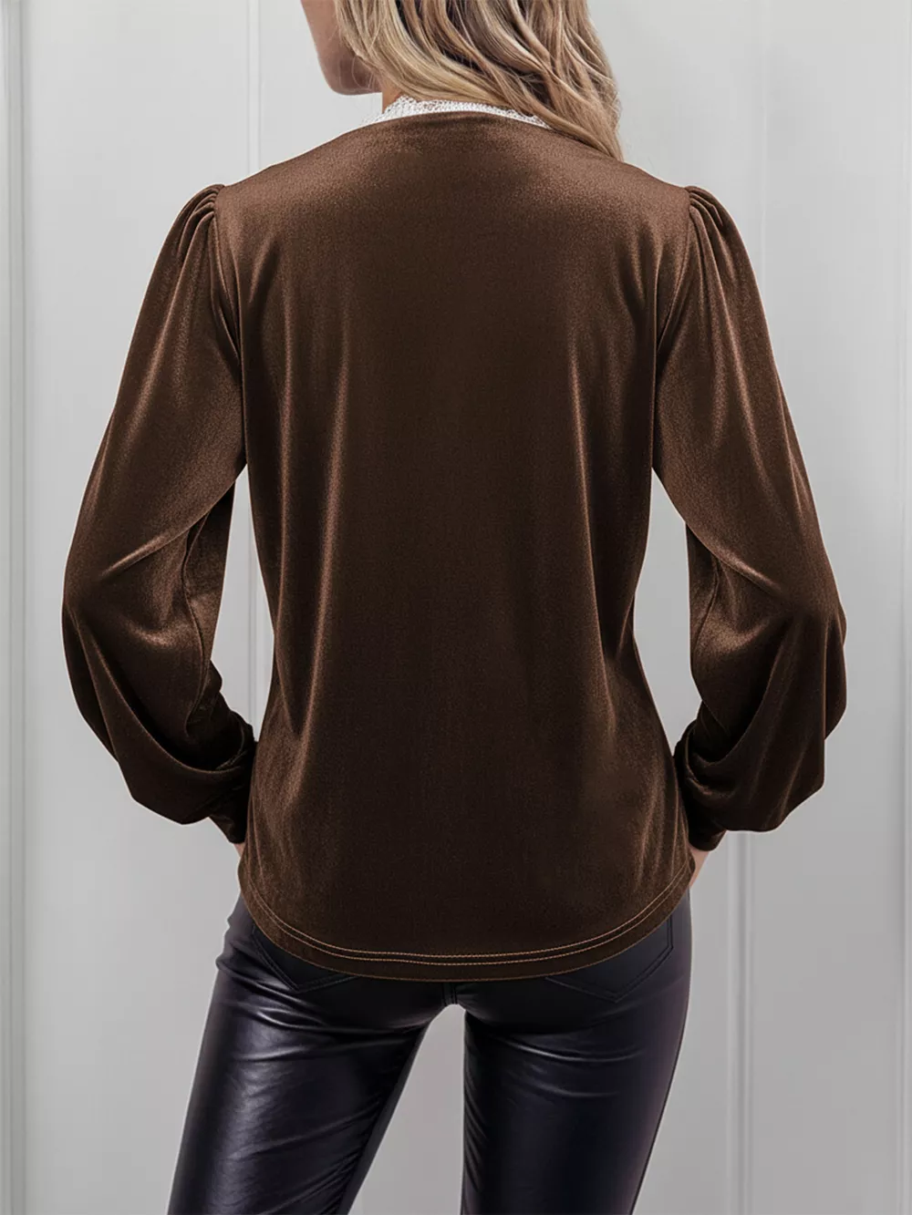 Lace Trim V-Neck Velvet Blouse, image 8