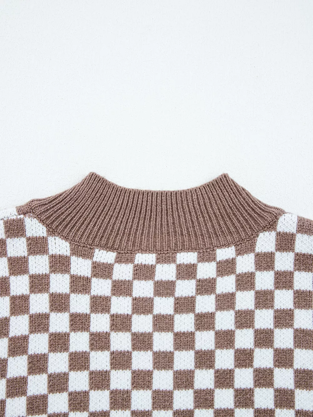 Half Button Ribbed Trim Checkerboard Knit Sweater, image 9
