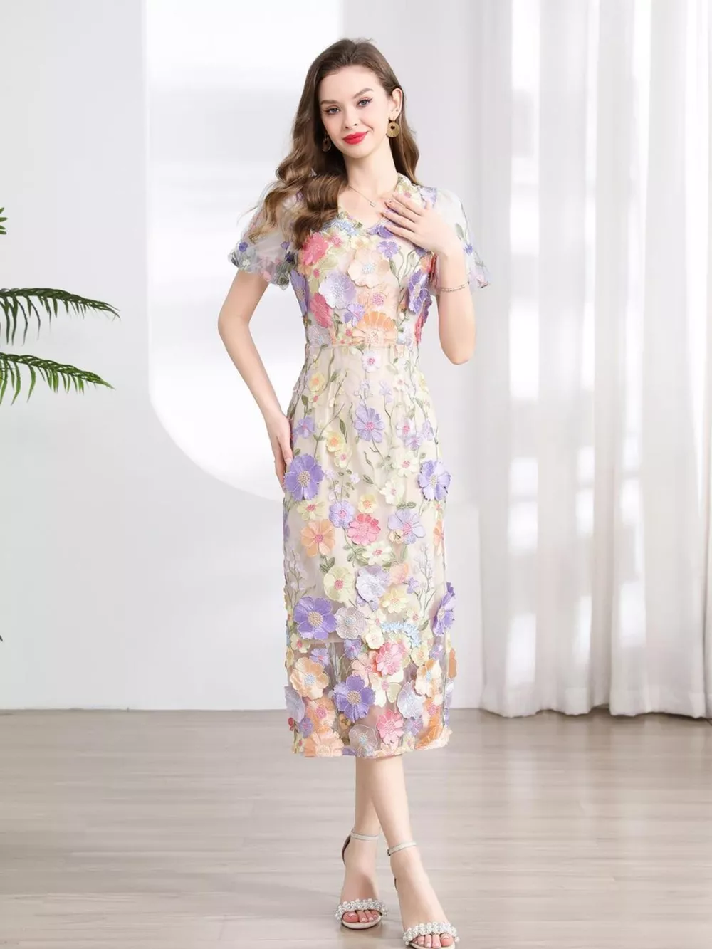 Floral Embroidered Puff Sleeve Midi Dress, image 5