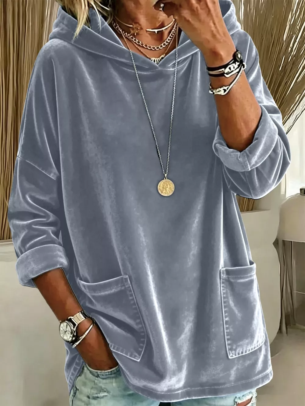 Full Size Velvet Long Sleeve Hoodie with Front Pockets Plus Size, image 6