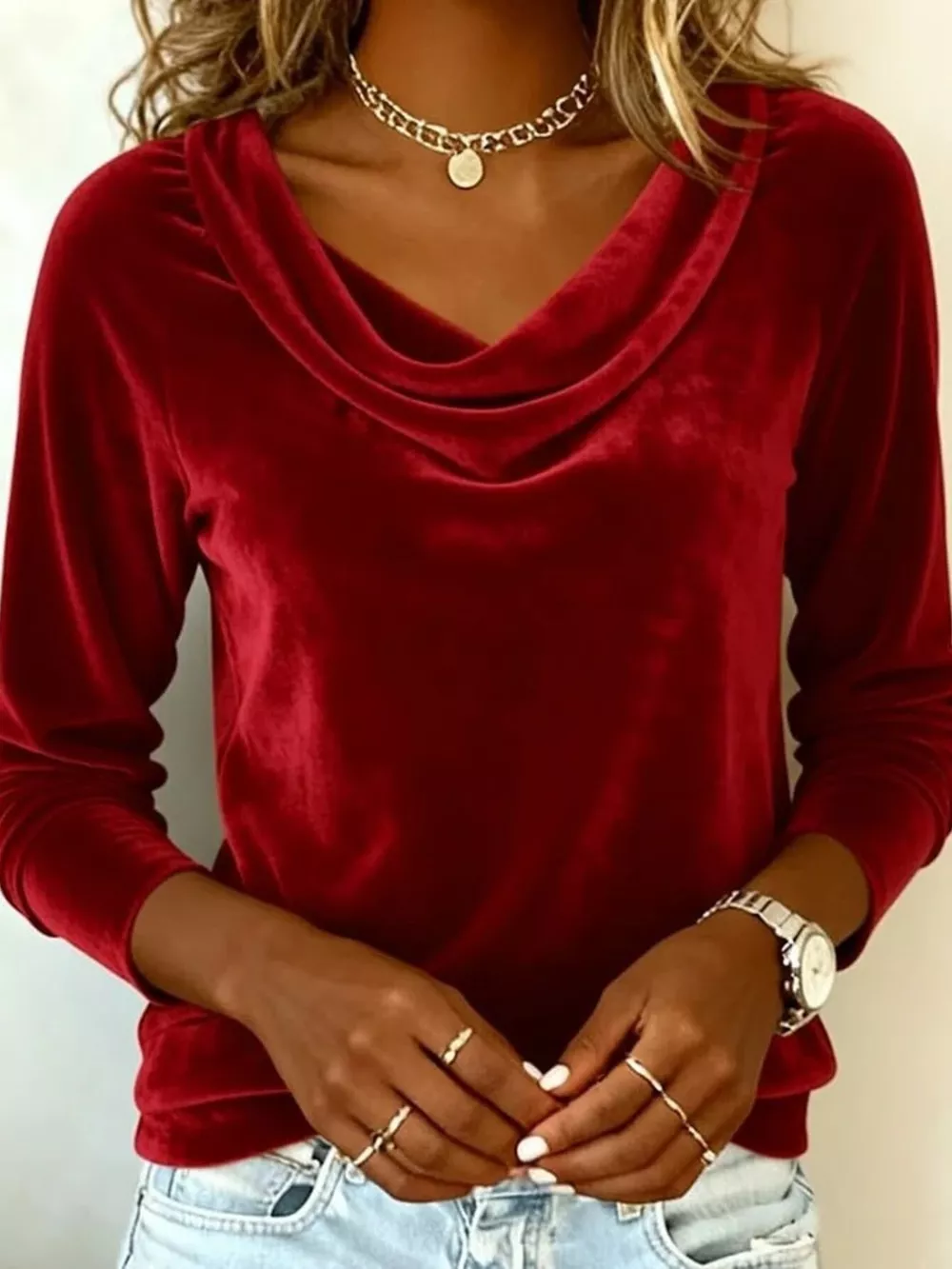 Velvet Cowl Neck Long Sleeve T-Shirt, image 12