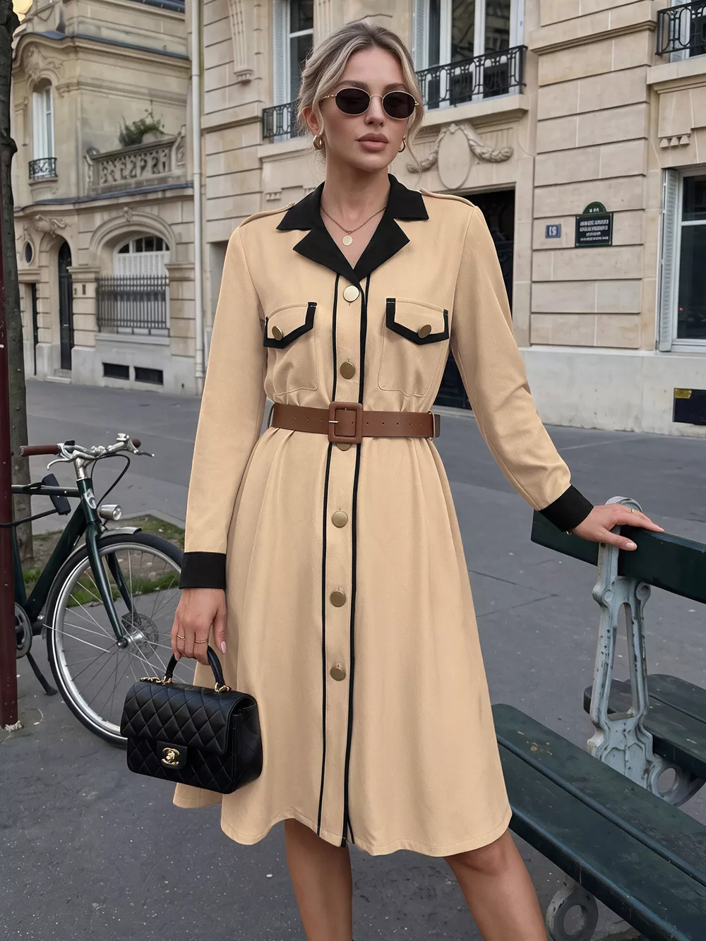 Contrast Lapel Button Front Midi Shirt Dress, image 2