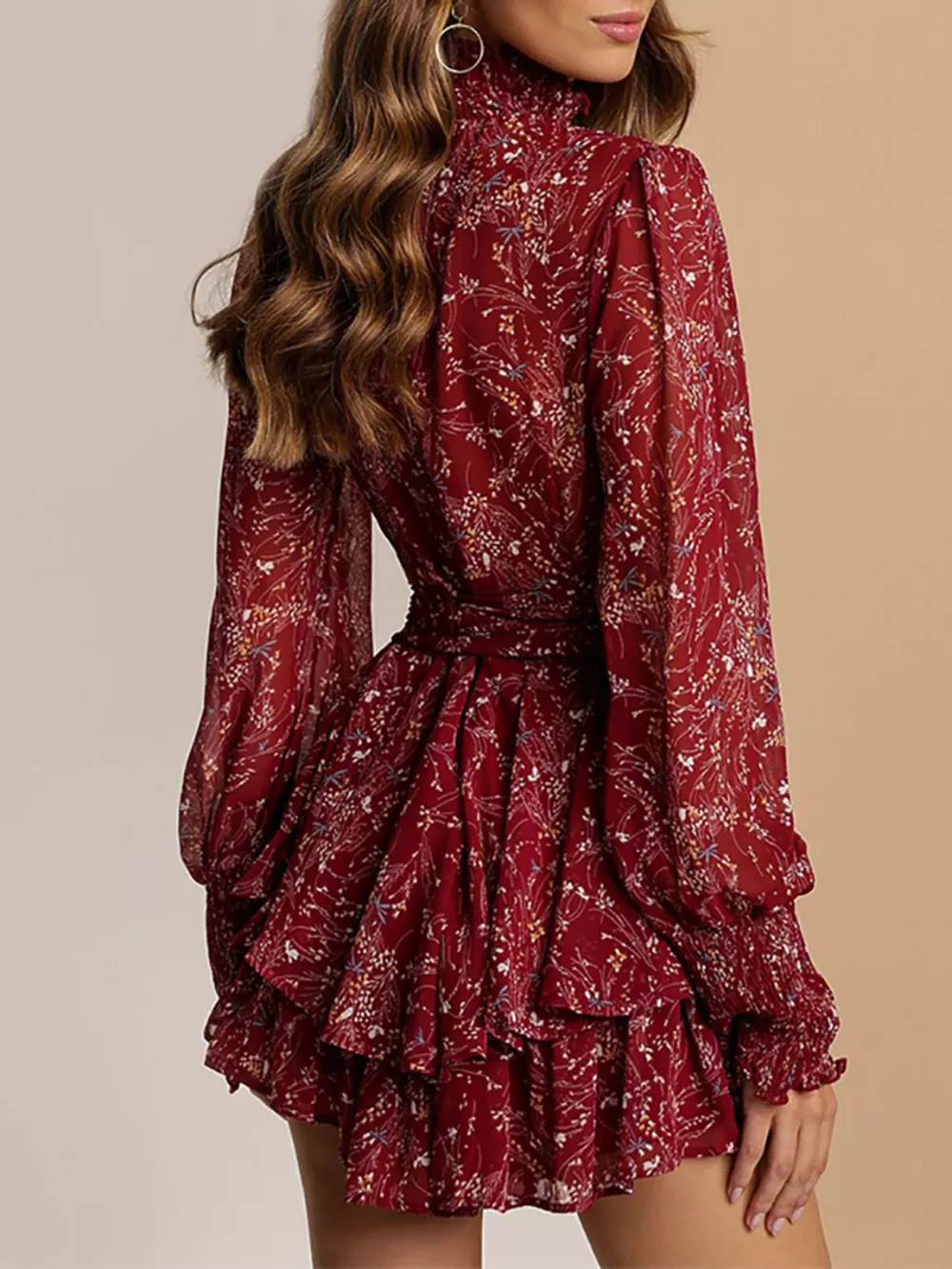 Plus Size Floral Print Mock Neck Long Sleeve Ruffle Hem Mini Dress, image 2