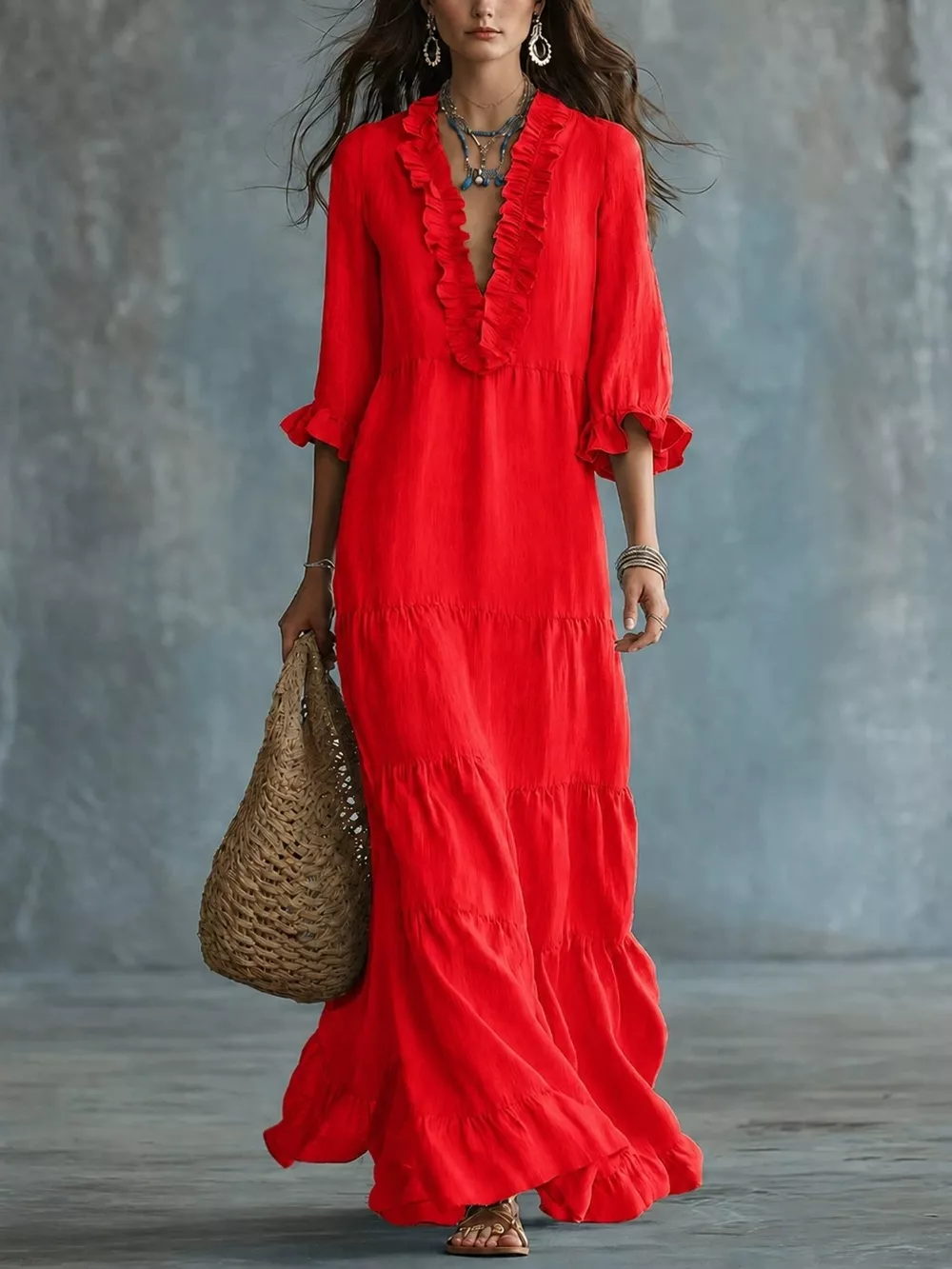Ruffled V-Neck Tiered Maxi Dress, image 10