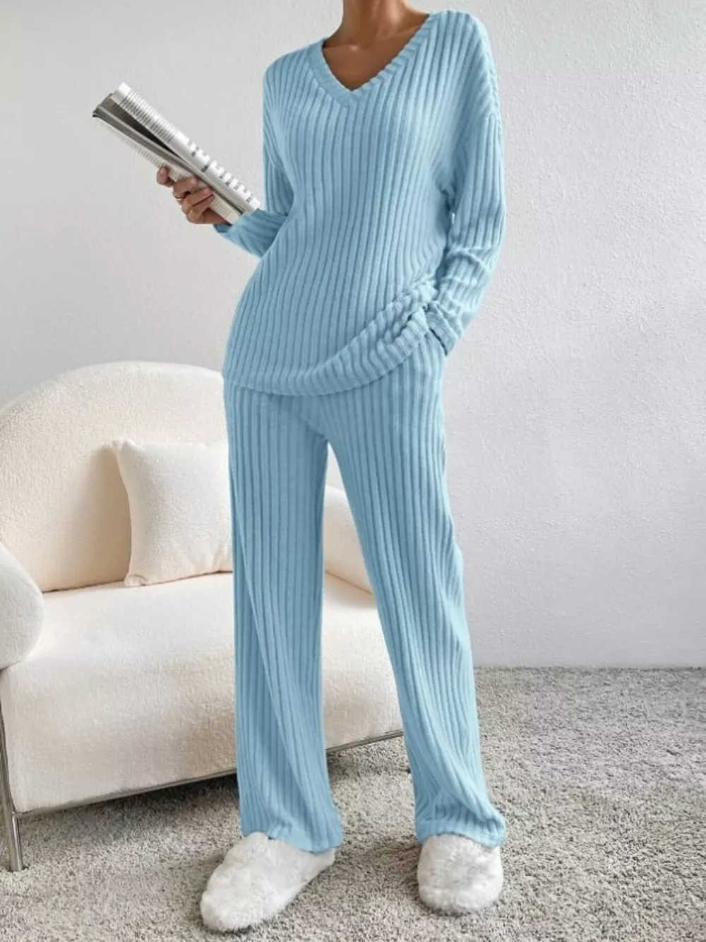Ribbed Knit V-Neck Top and Pants Set, image 22