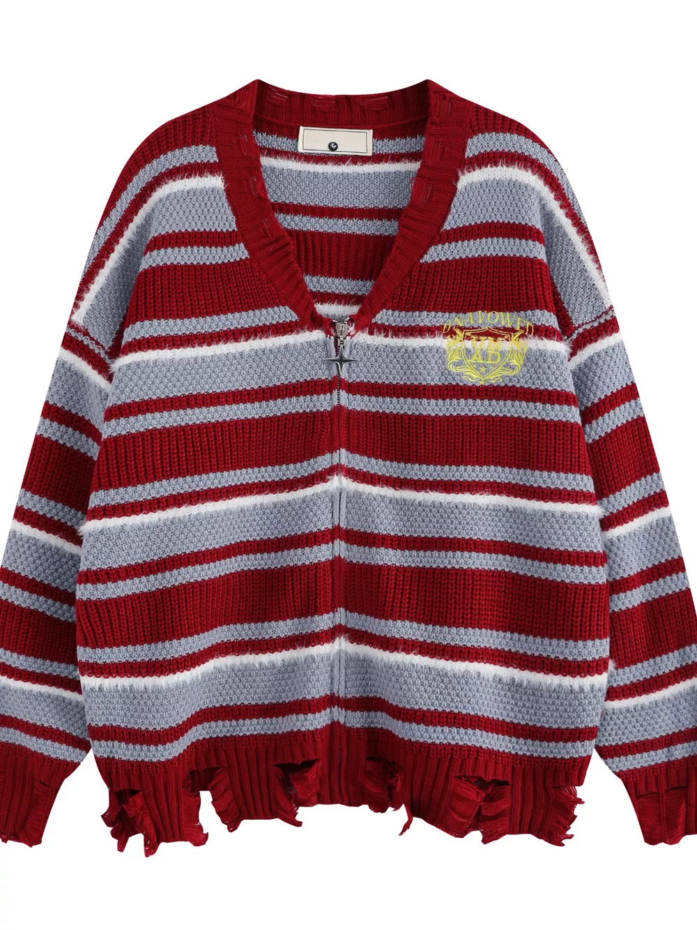 Men's Plus Size Striped Distressed Zip-Up Cardigan, image 2