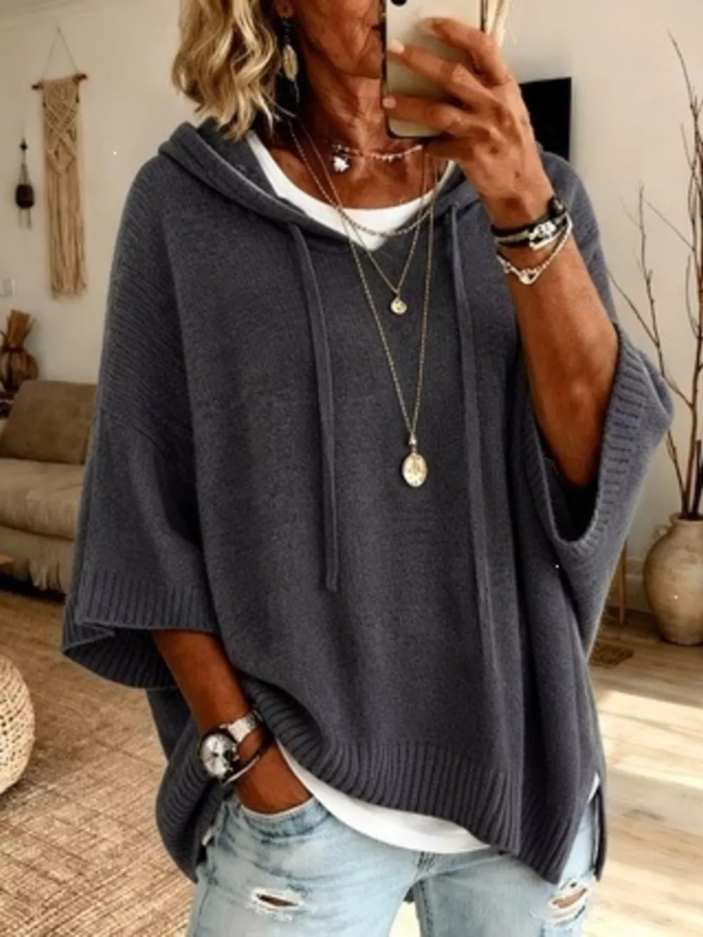 Full Size Casual Hooded Batwing Sleeve Knit Sweater Plus Size, image 11