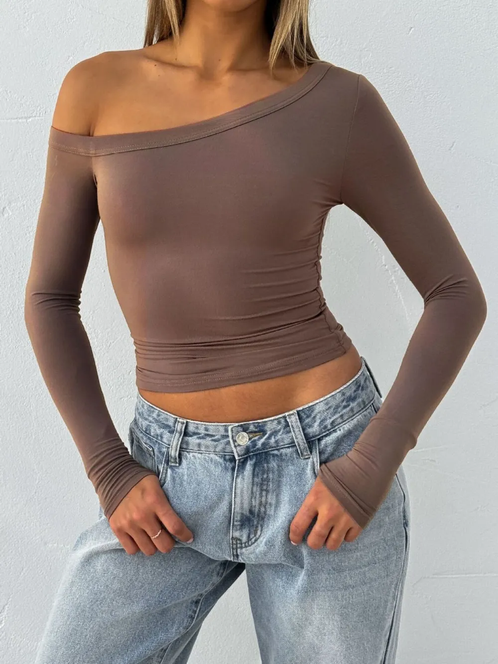 One Shoulder Long Sleeve Crop T-Shirt, image 12