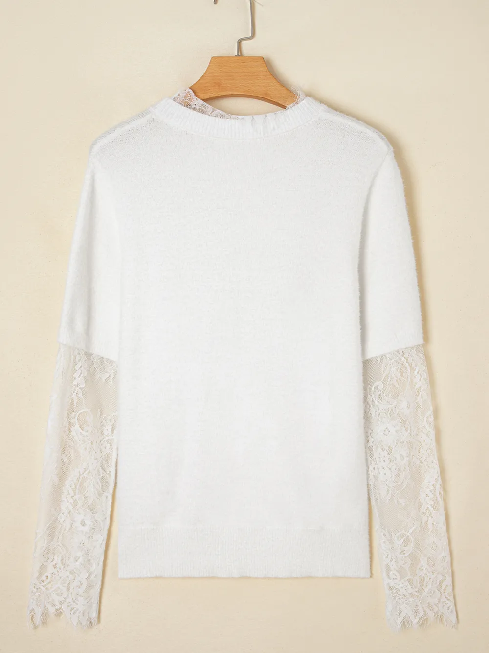Lace Sleeve Patchwork Faux Two-piece Fuzzy Sweater, image 9