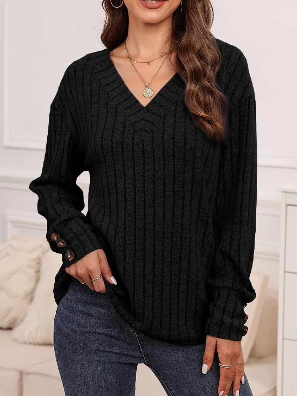 Ribbed V-Neck Long Sleeve Top, image 7