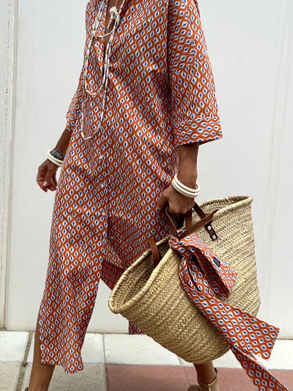 Full Size Printed Button-Down Midi Dress Plus Size, image 19