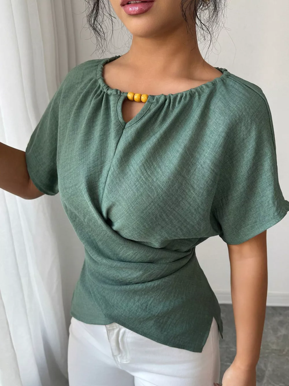 Beaded Neckline Short Sleeve Blouse, image 2