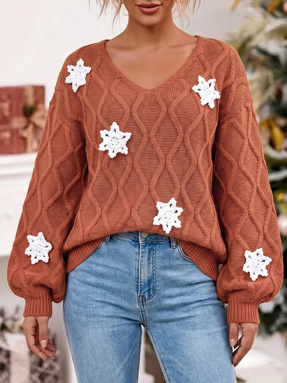 Snowflake Textured V-Neck Sweater, image 2