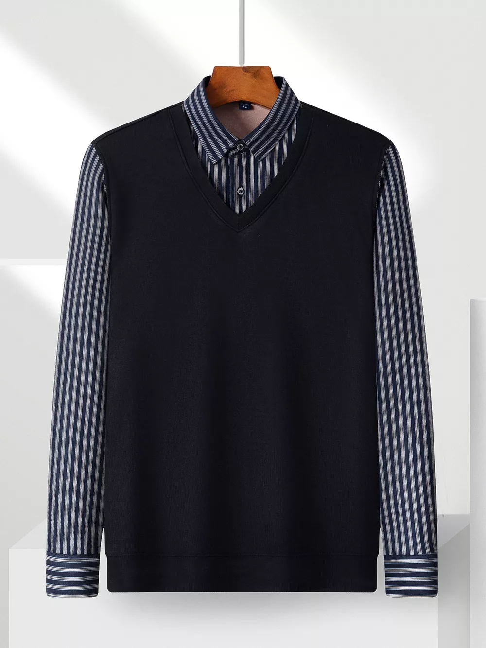 Men's Plus Size Striped Long Sleeve Fake Two-Piece Knit Top, image 3