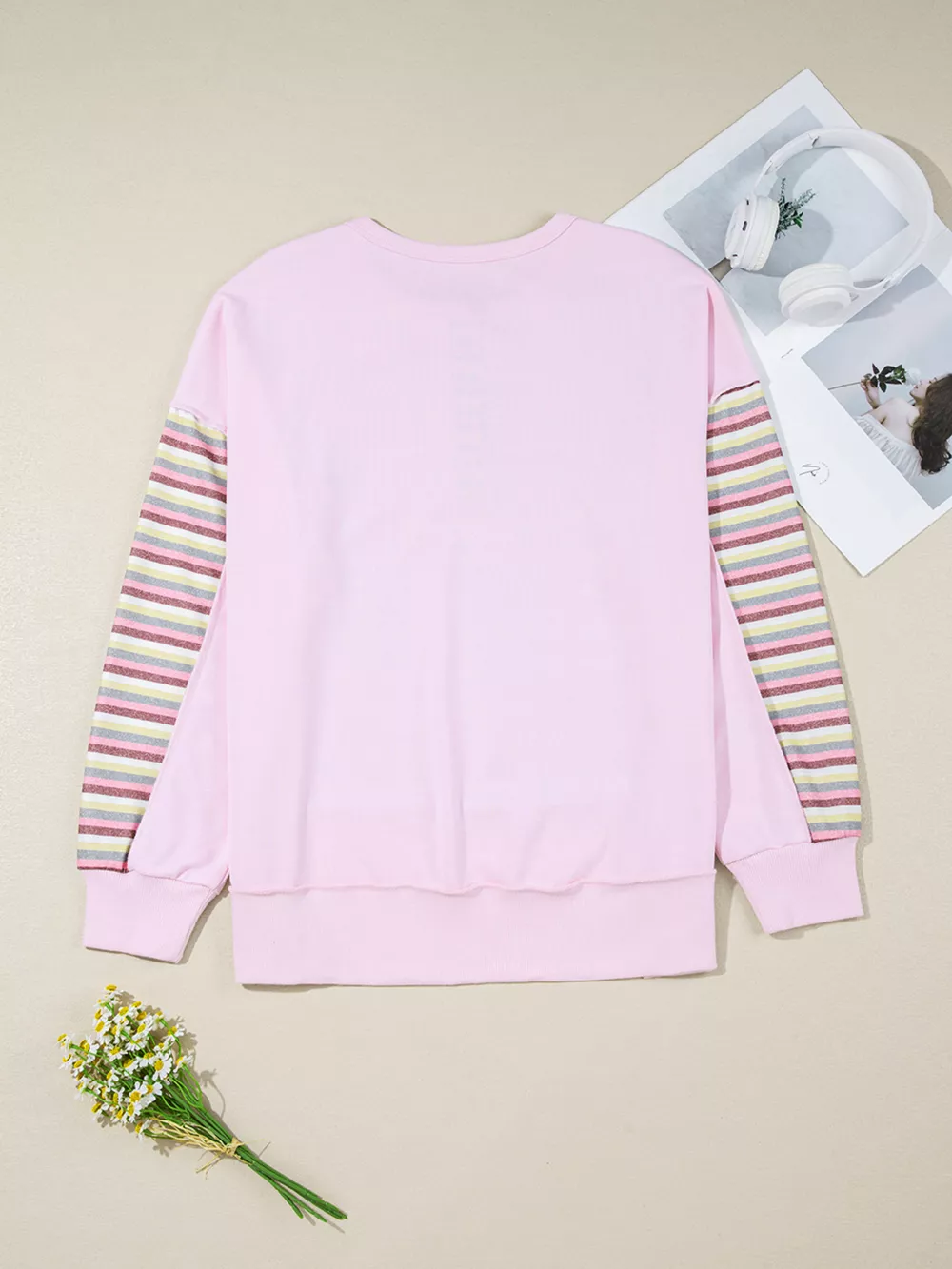 Exposed Seam Color Block Striped Patchwork Loose Henley Sweatshirt, image 9