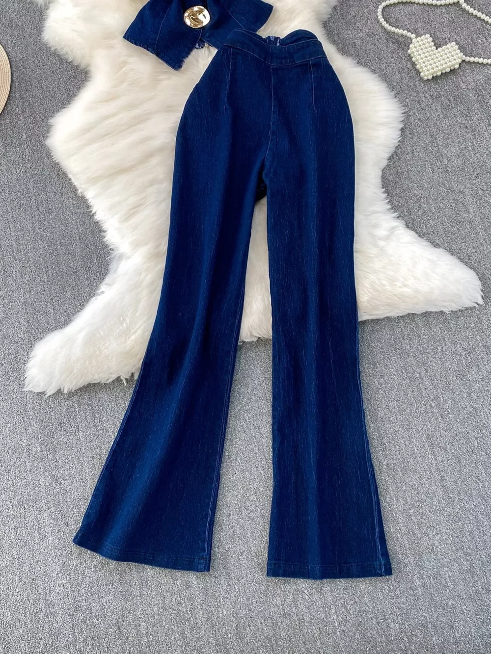 Button Detail Vest and Flare Jeans Denim Set, image 4