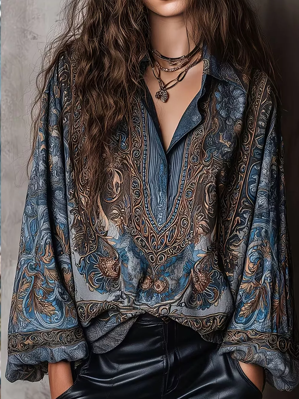 Full Size Vintage Print Long Sleeve Oversized Blouse Plus Size