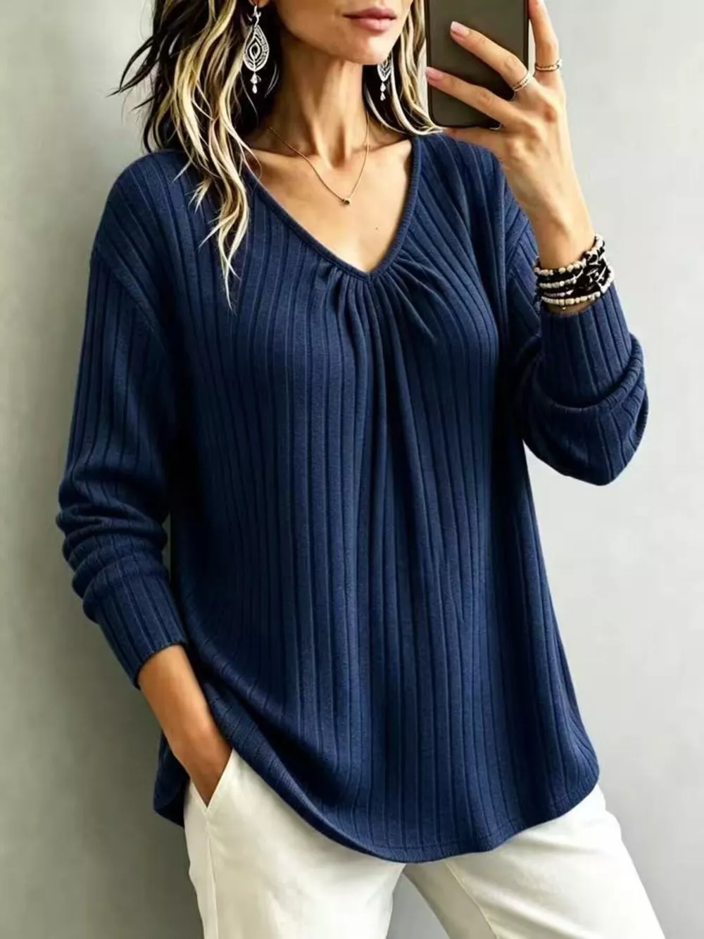 V-Neck Ribbed Long Sleeve T-Shirt, image 18