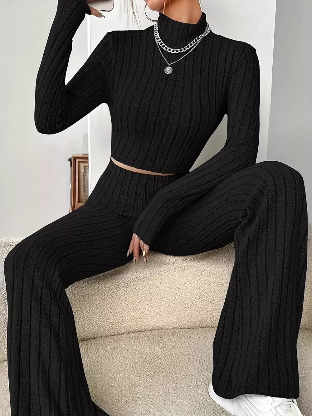 Ribbed Turtleneck Crop Top and Flare Pants Sweater Set, image 5