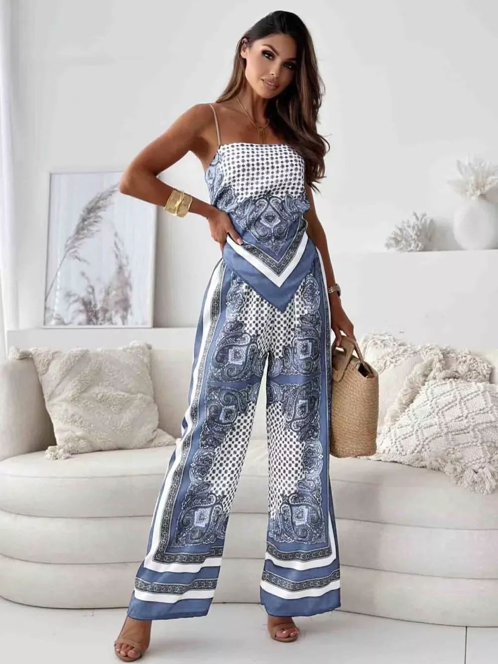 Printed Cami and Wide Leg Pants Set, image 4