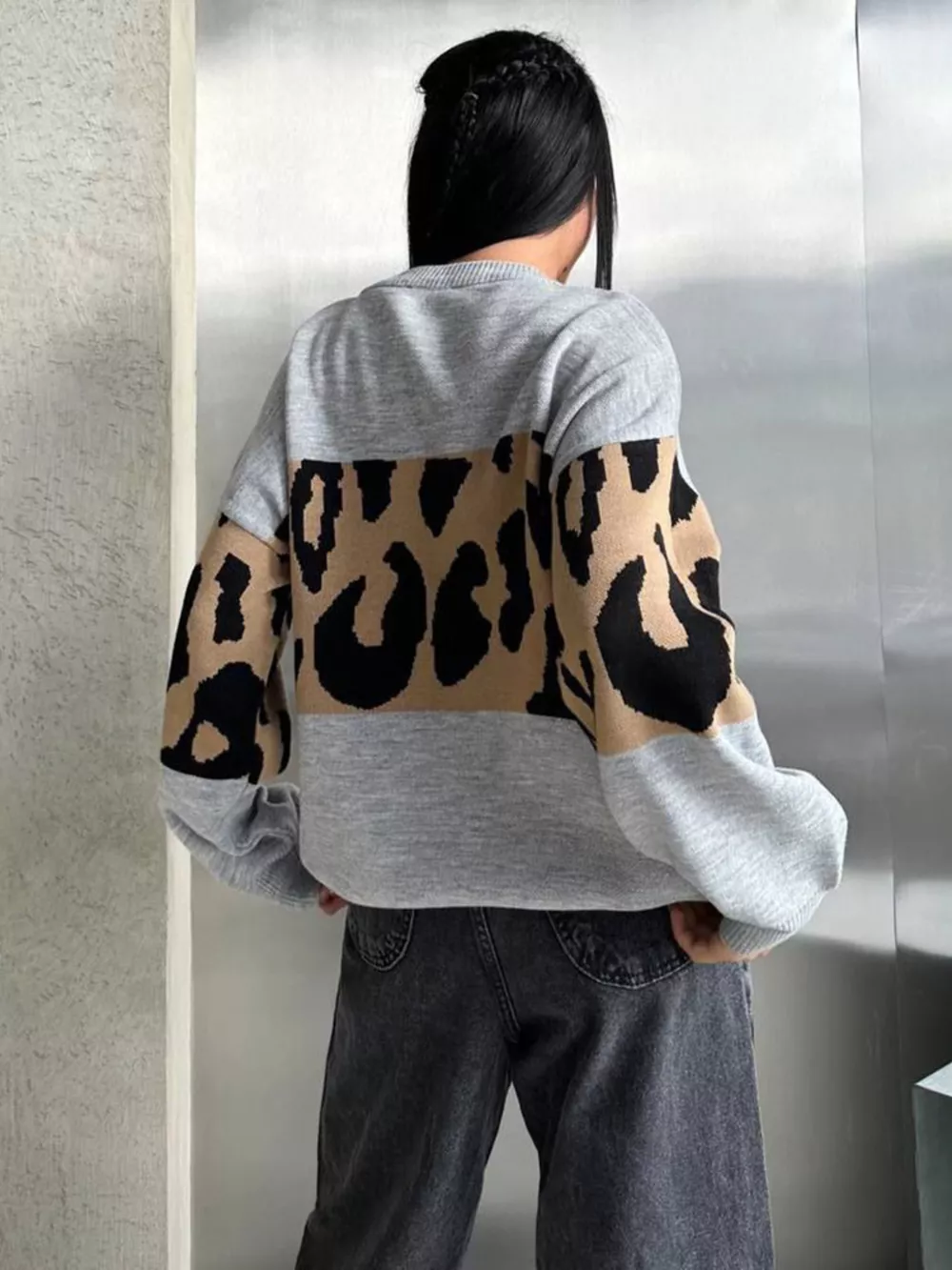 Leopard Color Block Round Neck Sweater, image 13