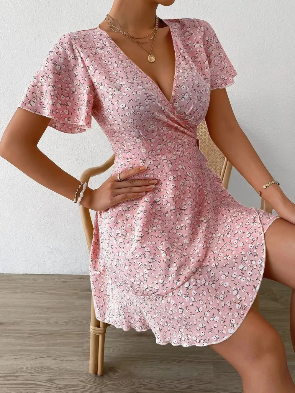 Floral Flutter Sleeve Wrap Mini Dress, image 13