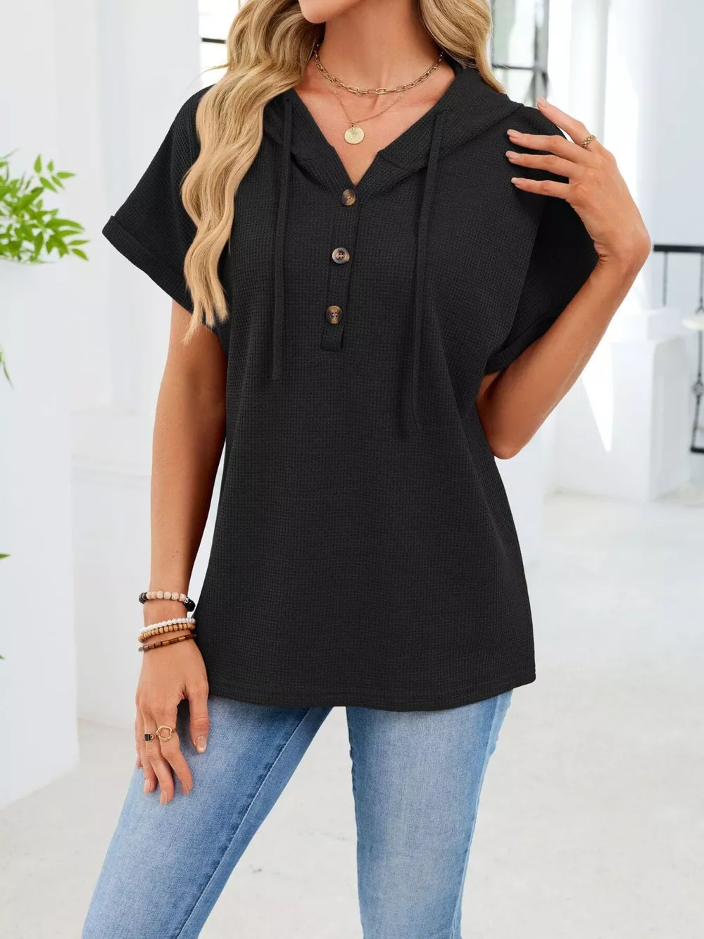 Casual Waffle Knit Button Detail Hooded Top, image 21