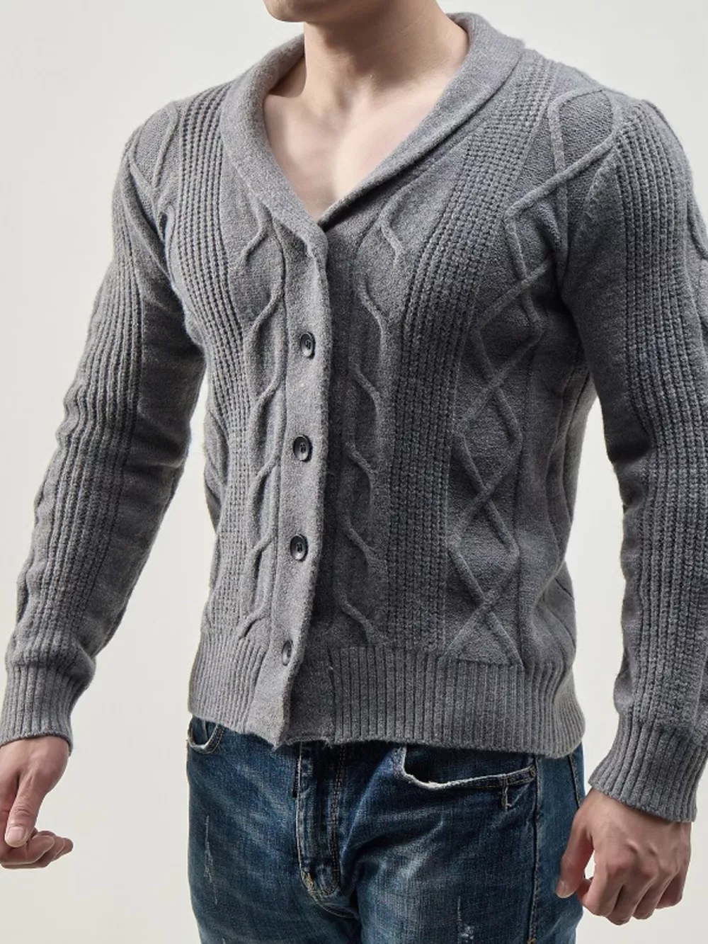 Men's Full Size Slim-Fit Cable Knit Shawl Collar Cardigan Plus Size, image 4