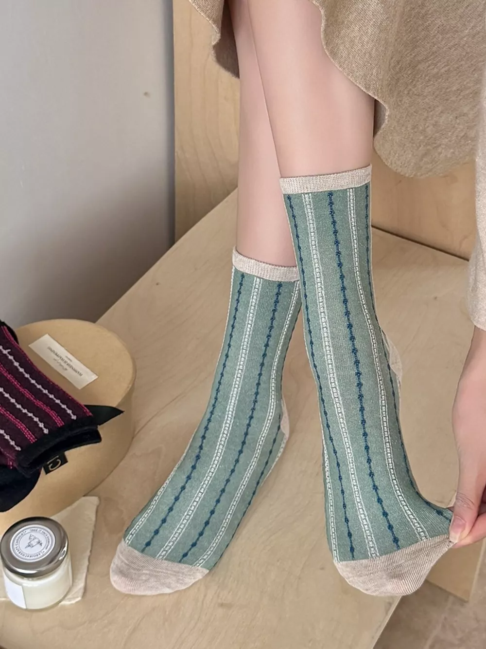 Vintage Striped Mid-Calf Cotton Socks, image 2