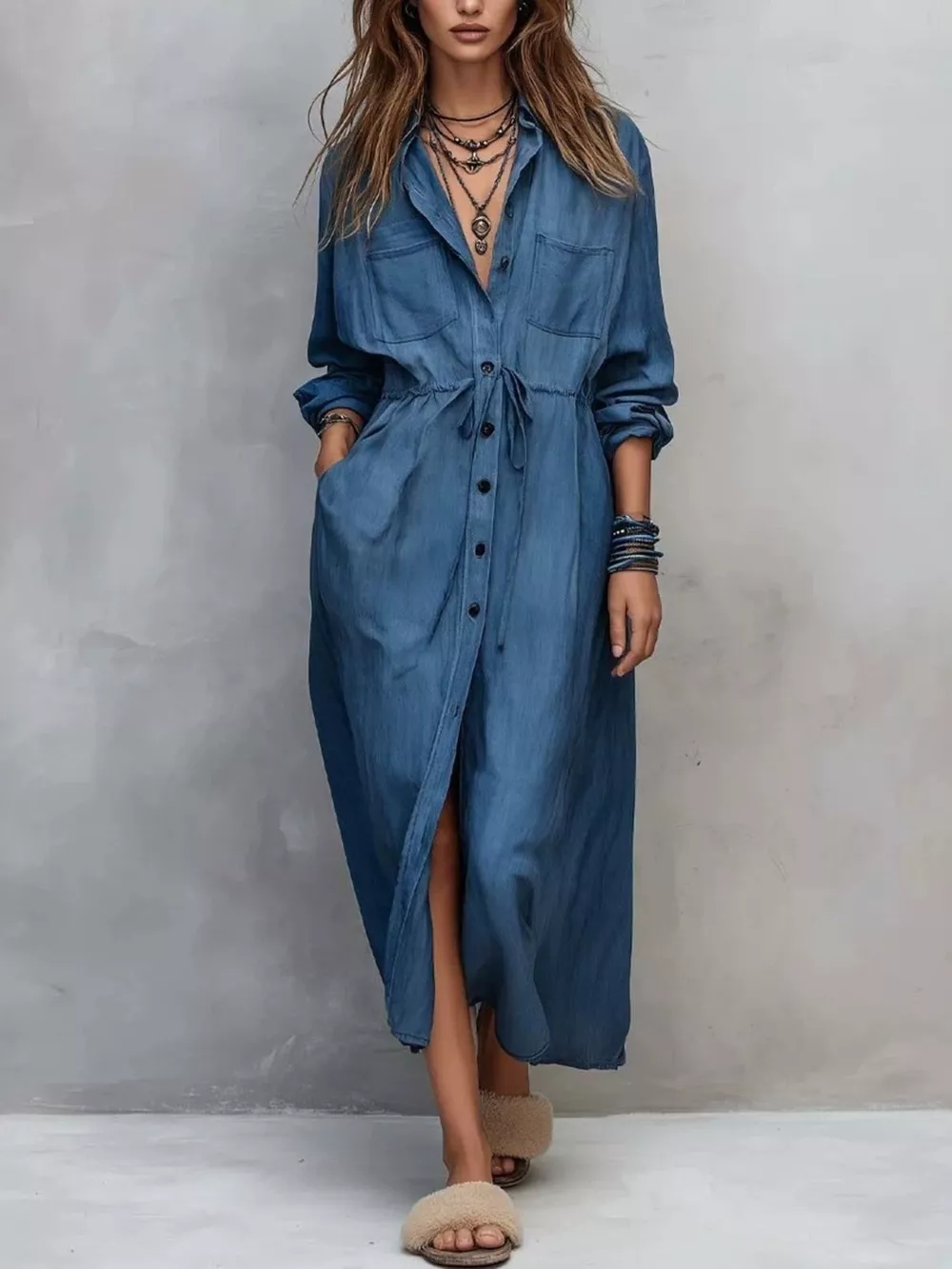 Full Size Button Front Long Sleeve Shirt Dress Plus Size, image 2