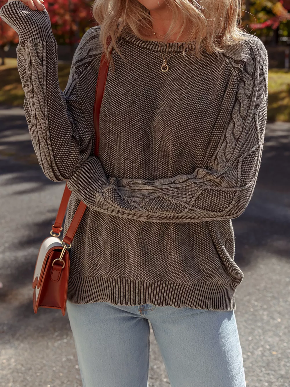 Contrast Cable Knit Sleeve Casual Sweater, image 12