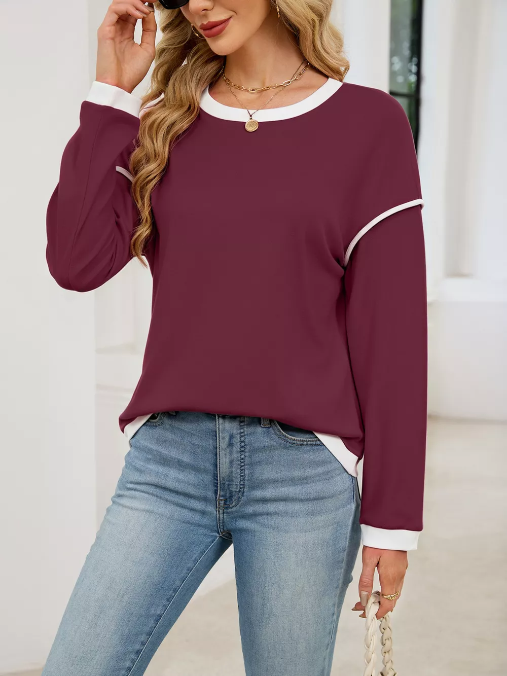 Contrast Trim Long Sleeve Sweatshirt, image 7