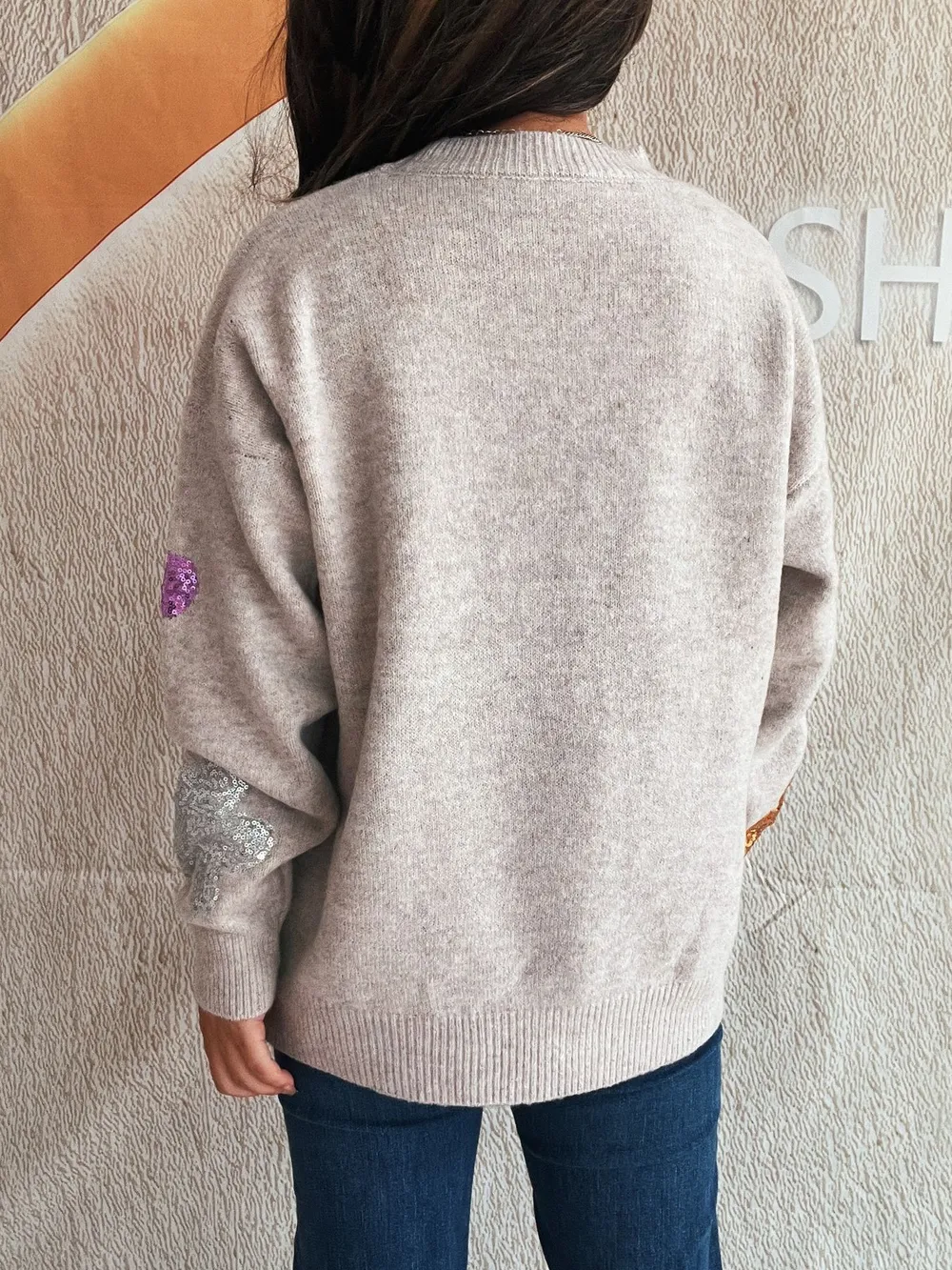 Sequin Flower Round Neck Long Sleeve Sweater, image 7
