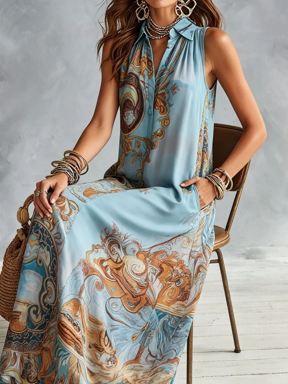 Full Size Bohemian Sleeveless Printed Maxi Shirt Dress Plus Size, image 3