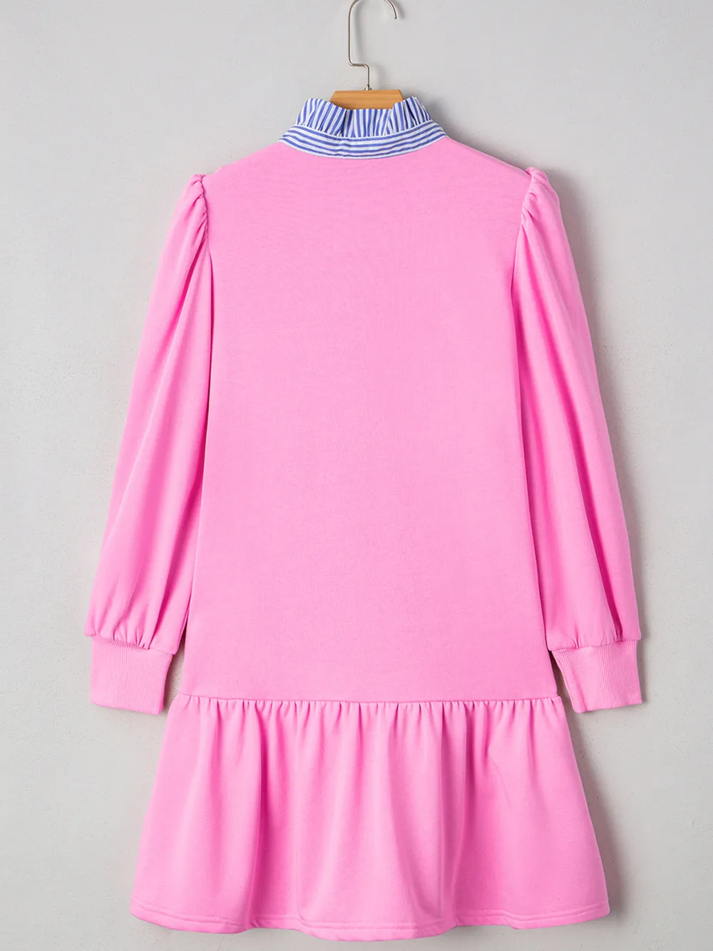Contrast Striped Collar Patchwork Puff Sleeve Ruffle Hem Mini Dress, image 6