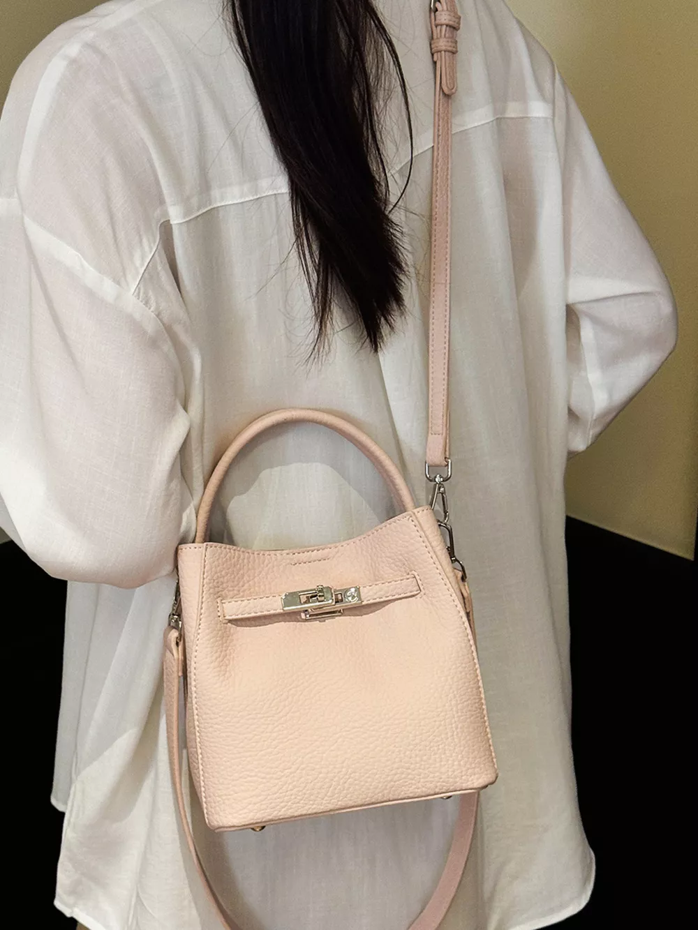 Leather Bucket Crossbody Bag, image 4