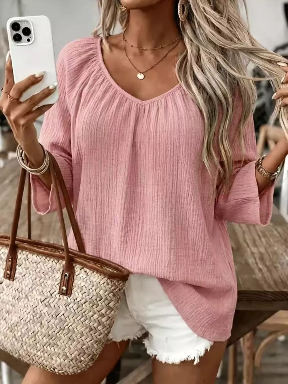 Full Size Textured V-Neck Casual T-Shirt Plus Size, image 9