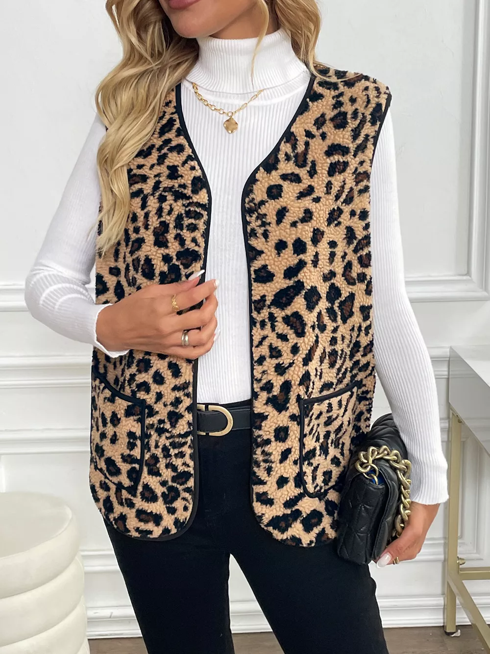 Leopard Fleece Vest Coat with Pockets, image 8