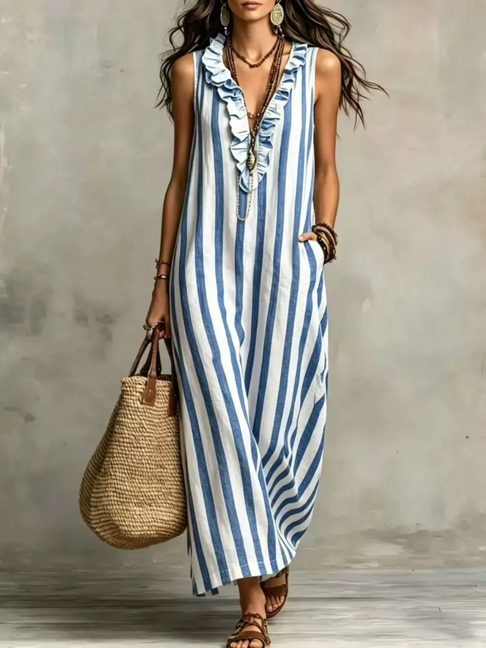 Full Size Sleeveless Striped Ruffle V-Neck Maxi Dress Plus Size