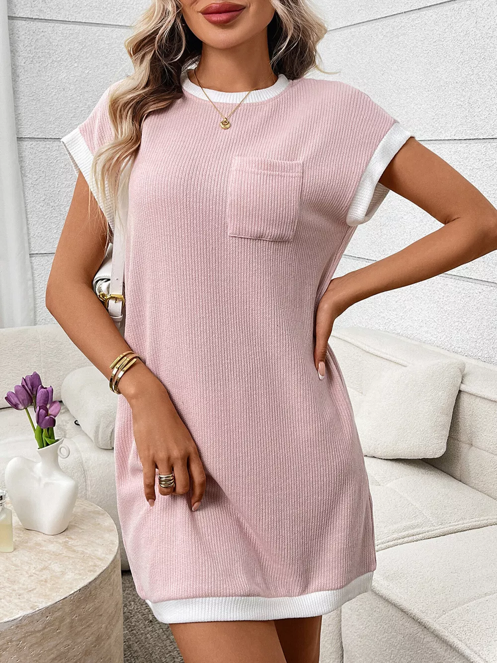 Contrast Trim Ribbed Knit Mini Dress with Pocket, image 13