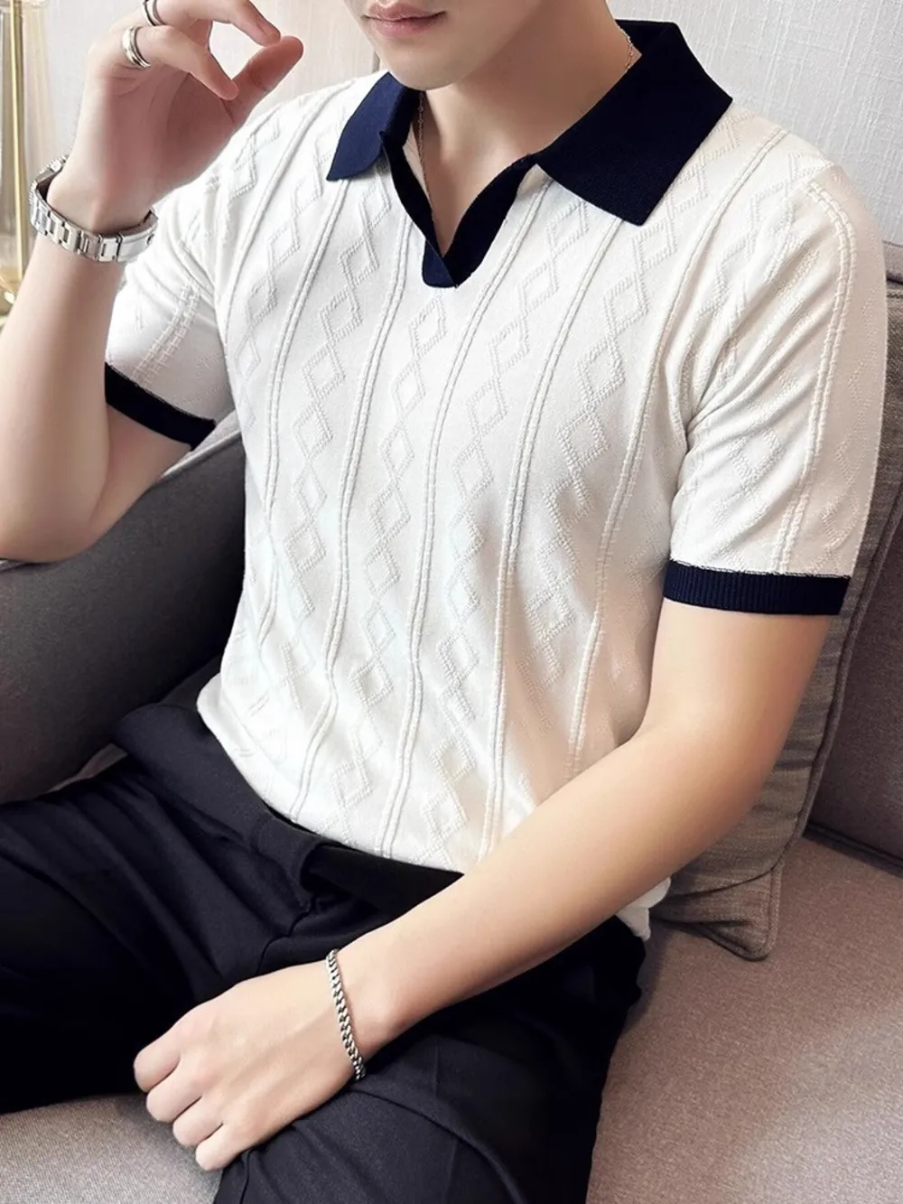 Men's Full Size Contrast Collar Short Sleeve Knit Polo Plus Size, image 5