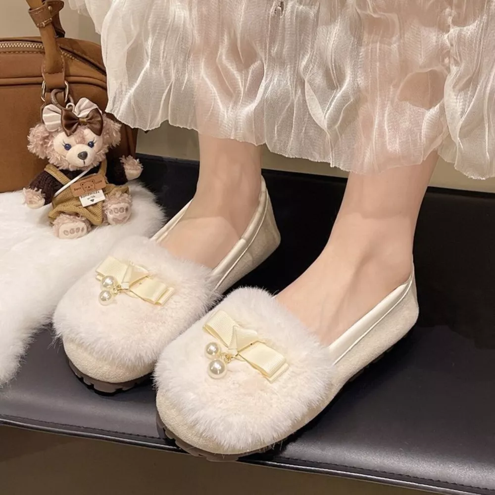 Fuzzy Pearl Bowknot Slip-Ons, image 9