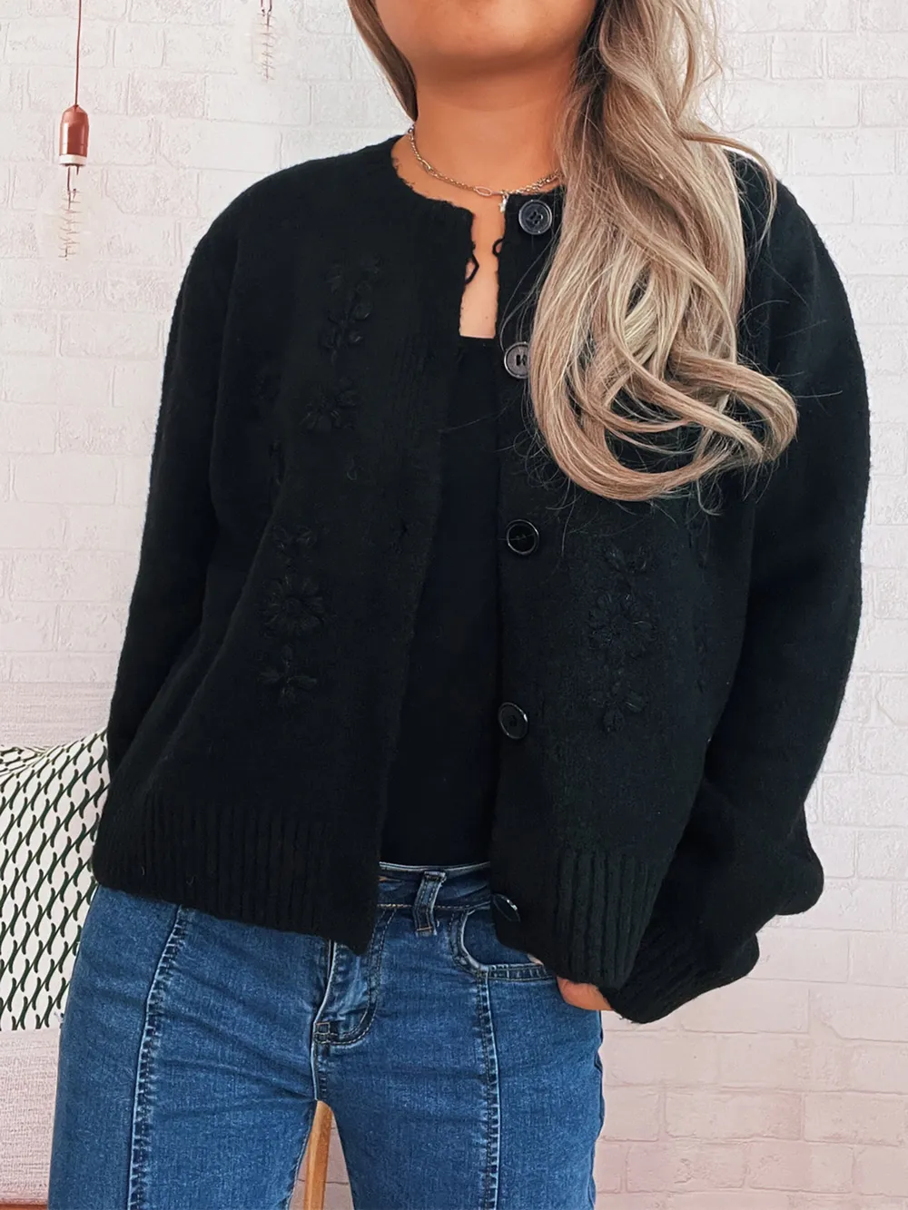Flower Button Up Ribbed Hem Cardigan, image 12