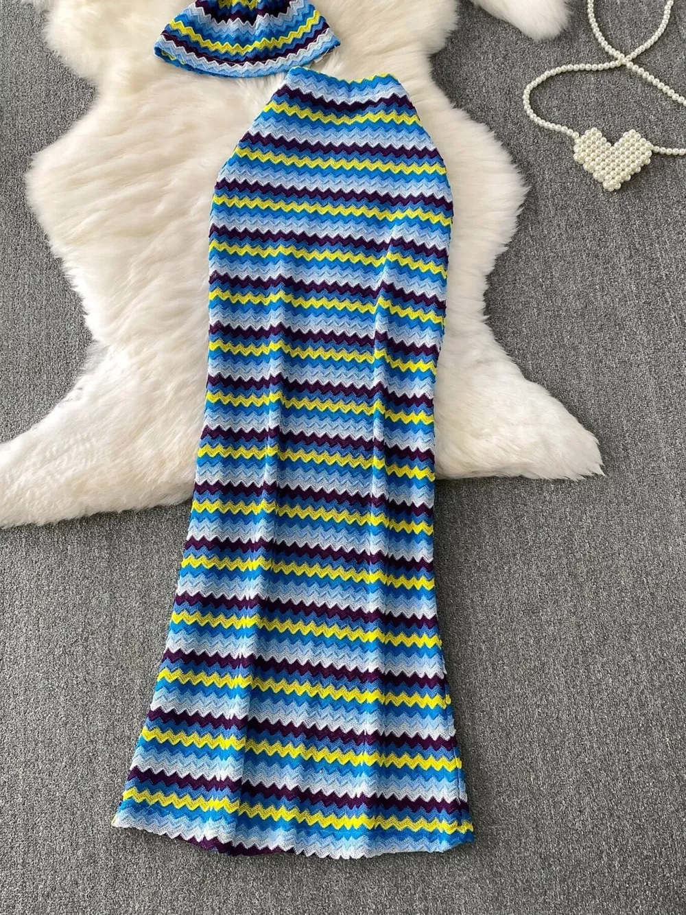 Striped Knitted Halter Top and Maxi Skirt Set, image 3