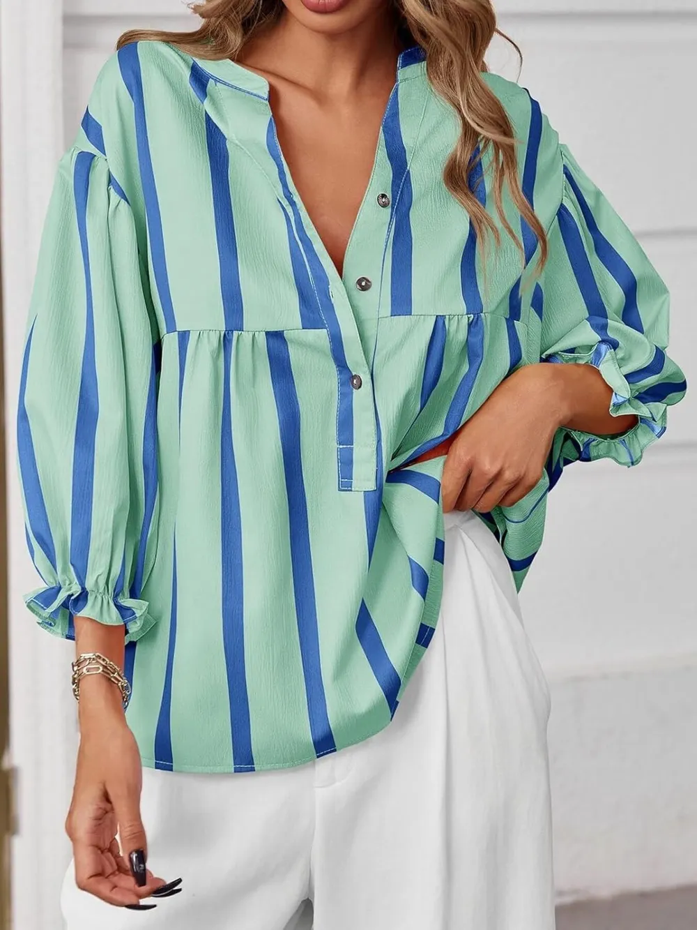 Striped Button Front Notched Blouse, image 14